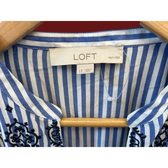 LOFT Blue White Striped Boho Embroidered Blouse Peasant Tunic Top Large Petite - Picture 4 of 7